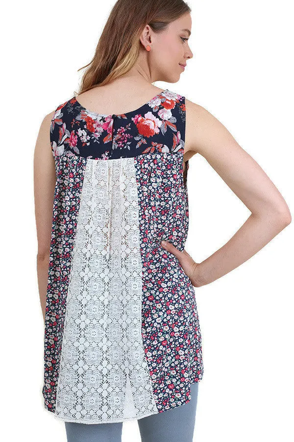 Twin Print Lace Sleeveless Top, Navy Mix