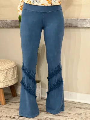 Washed Bell Bottom Flare with Fringe in Light Denim