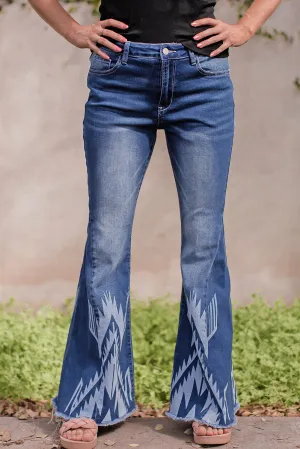 Western Pattern High Waist Rise Flare Jeans