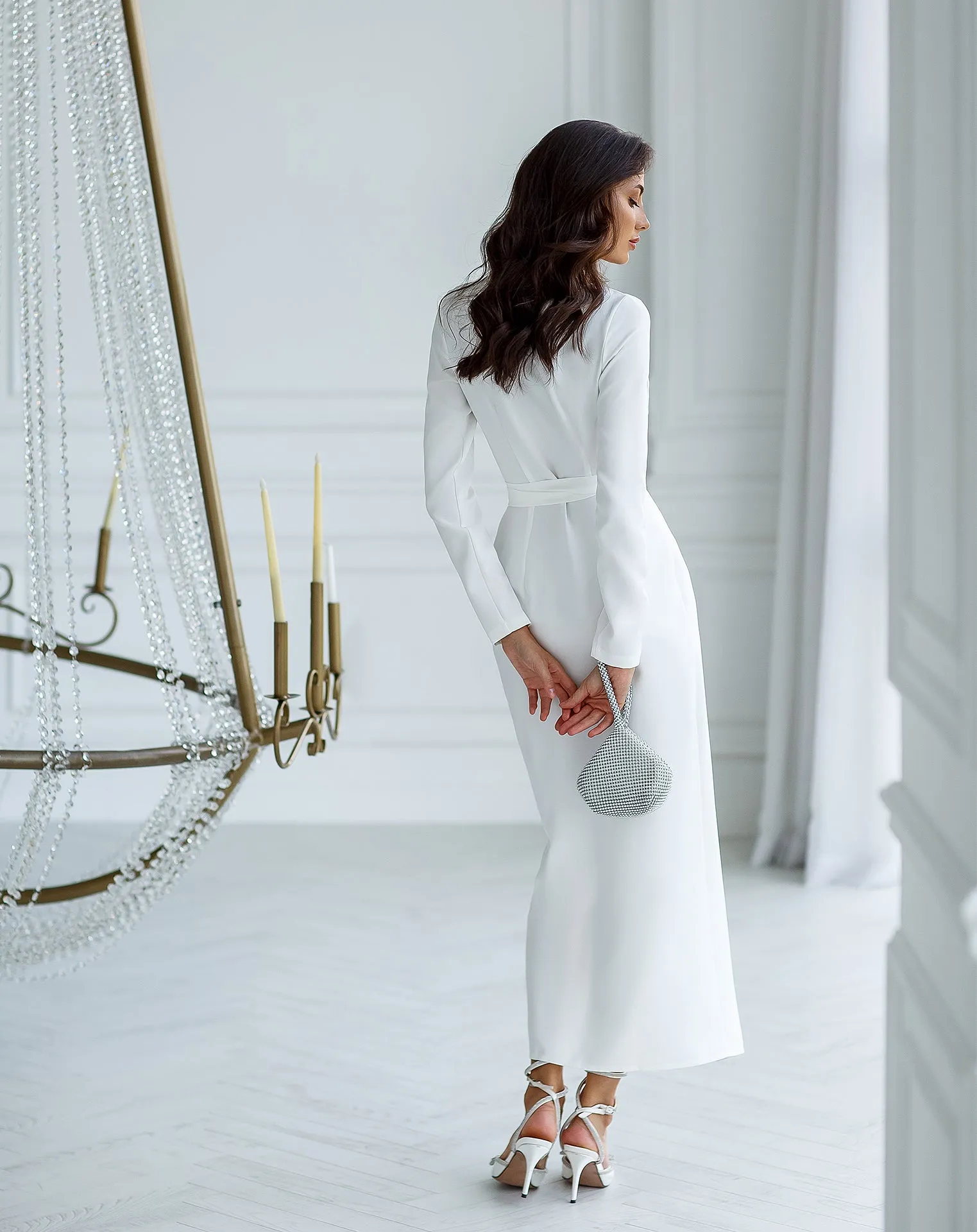 White Wrap Long Sleeve Collarless Maxi Dress