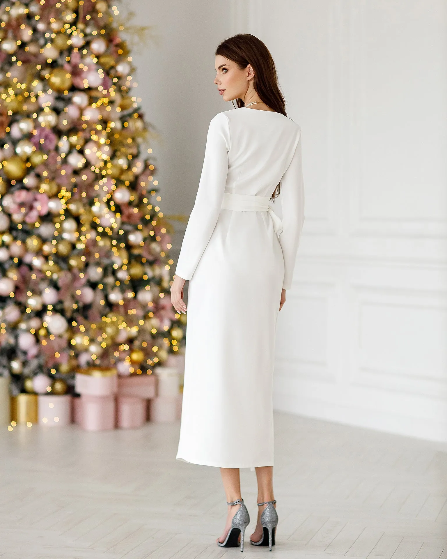 White Wrap Long Sleeve Collarless Maxi Dress