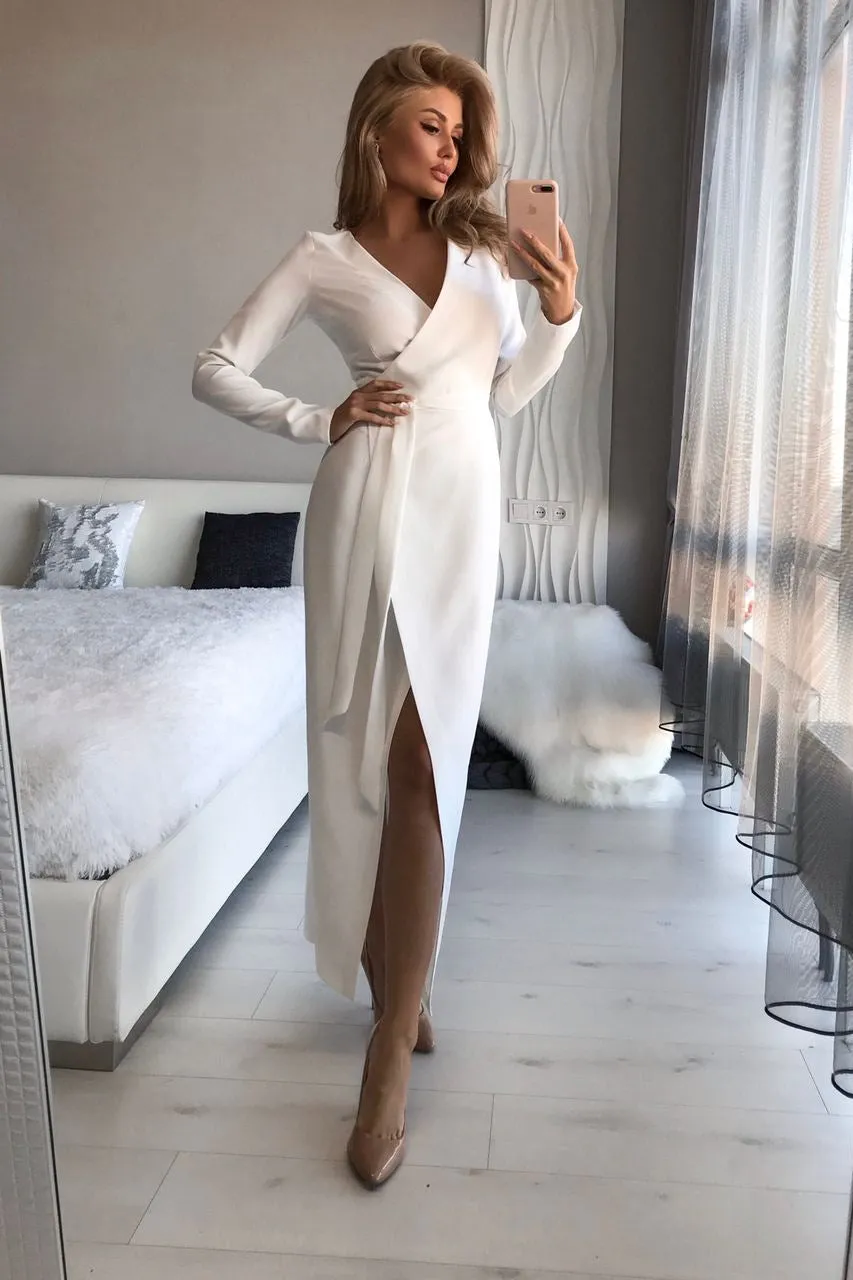 White Wrap Long Sleeve Collarless Maxi Dress
