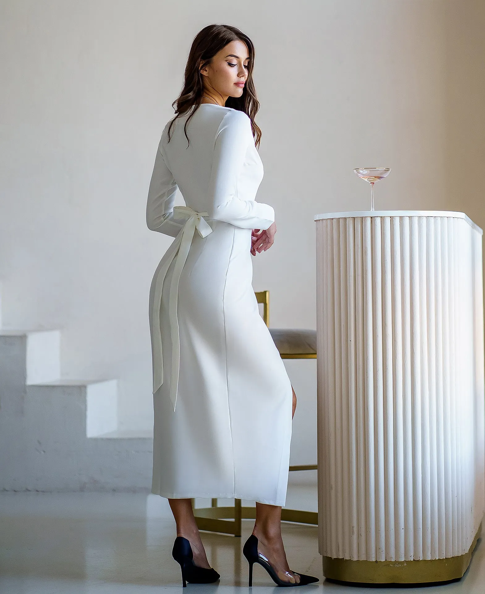 White Wrap Long Sleeve Collarless Maxi Dress