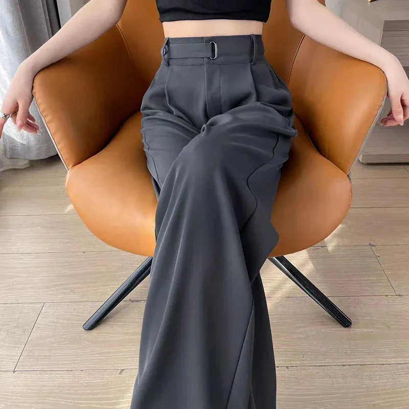 Women High Waist Trouser Office Ladies Fashion Loose Grey Suit Pants