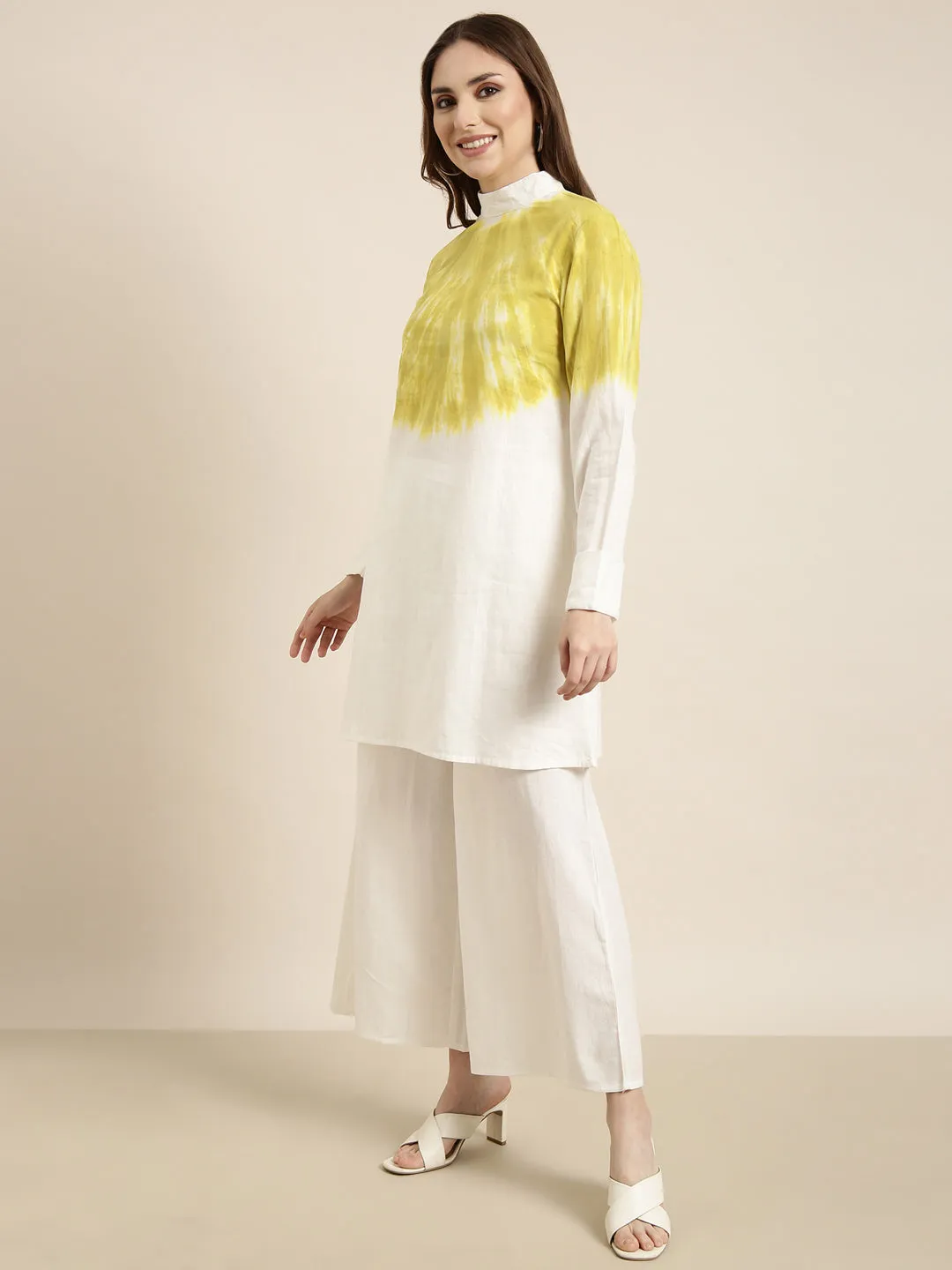 Women Off White Dyed Tunic & Palazzos Set