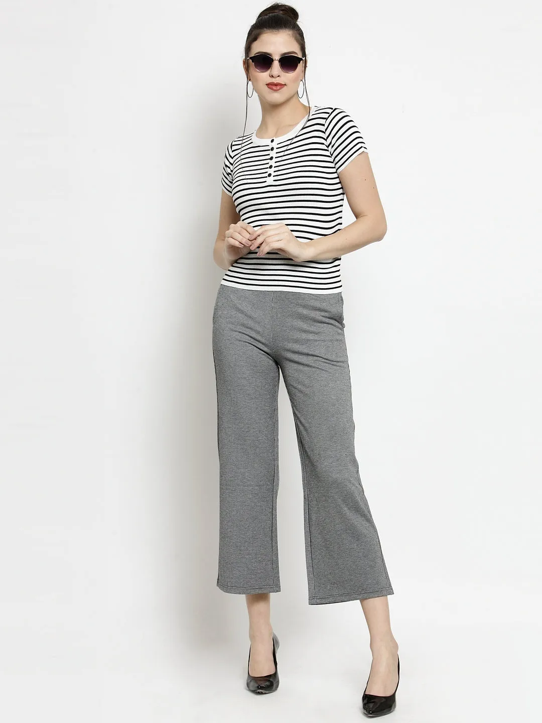 Women Self Design Brown Flared Trousers