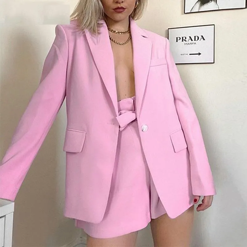 Women Two Piece Set Oversize Long Sleeve Blazer High Waist Tie Flare