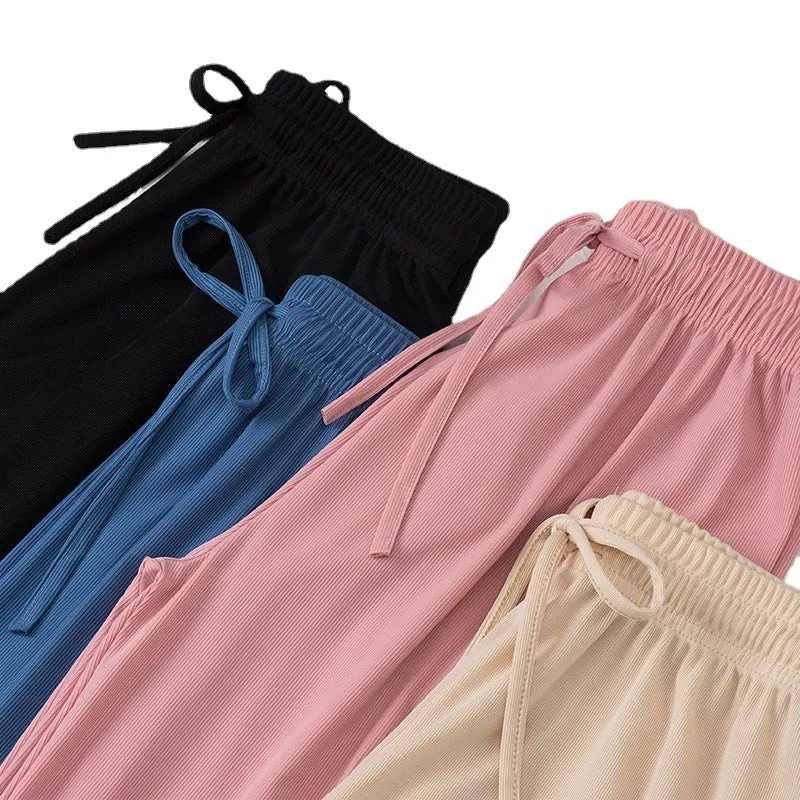 Women Wide Leg High Waist Drape Loose Floor Length Silk Casual Long Straight Pants