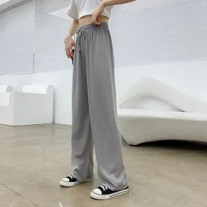 Women Wide Leg High Waist Drape Loose Floor Length Silk Casual Long Straight Pants