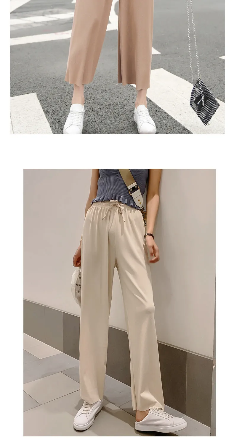 Women Wide Leg High Waist Drape Loose Floor Length Silk Casual Long Straight Pants