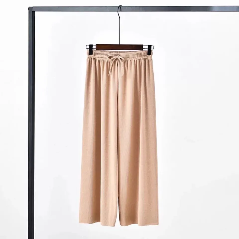 Women Wide Leg High Waist Drape Loose Floor Length Silk Casual Long Straight Pants