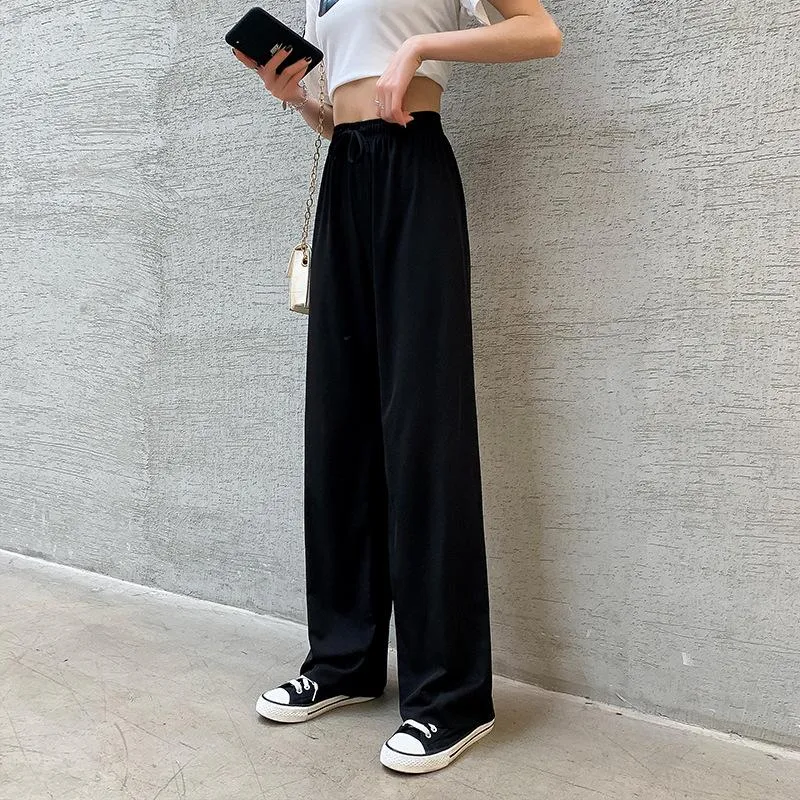 Women Wide Leg High Waist Drape Loose Floor Length Silk Casual Long Straight Pants