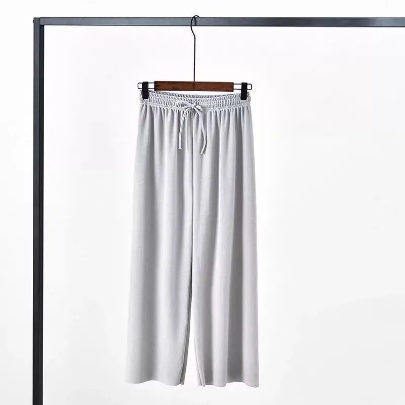 Women Wide Leg High Waist Drape Loose Floor Length Silk Casual Long Straight Pants