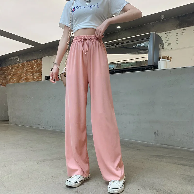Women Wide Leg High Waist Drape Loose Floor Length Silk Casual Long Straight Pants