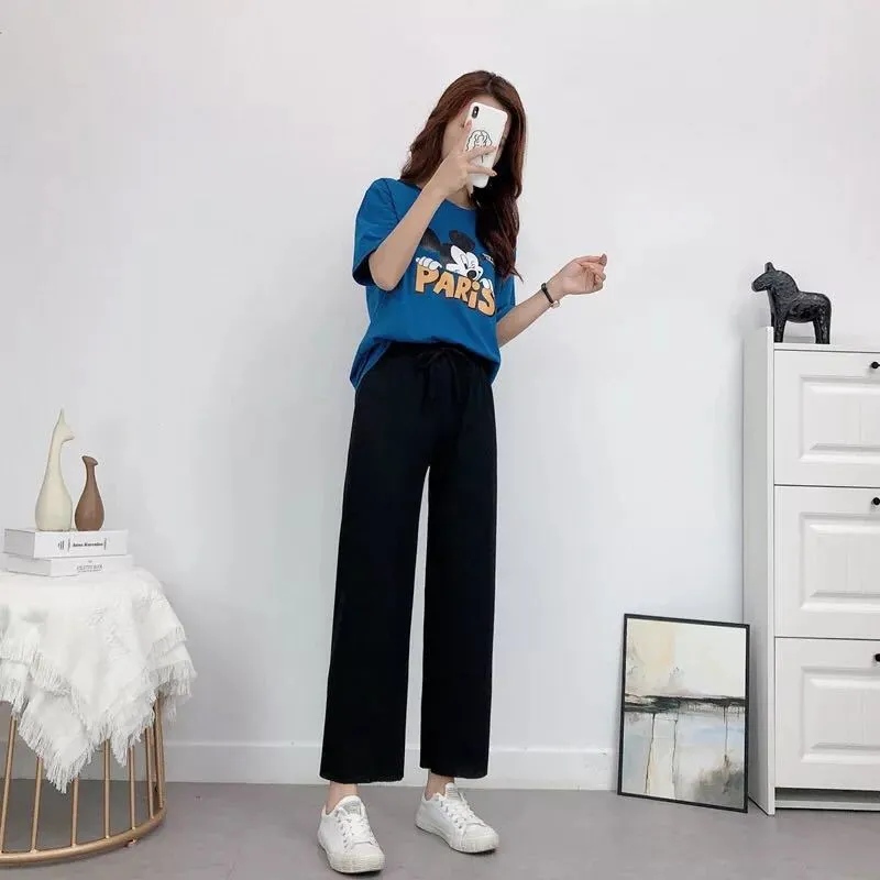 Women Wide Leg High Waist Drape Loose Floor Length Silk Casual Long Straight Pants