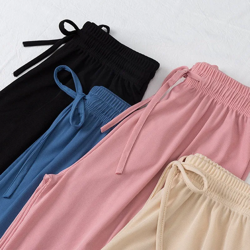 Women Wide Leg High Waist Drape Loose Floor Length Silk Casual Long Straight Pants