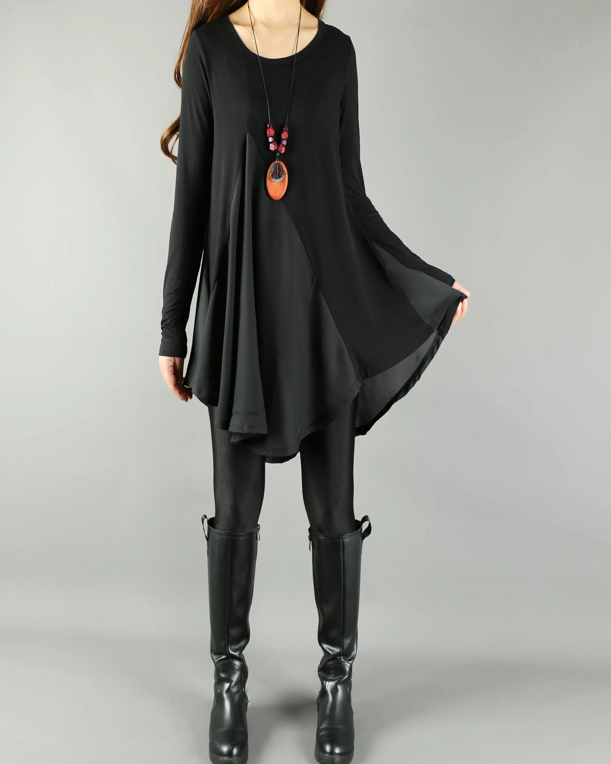Women's Modal and Chiffon Tunic Dress/Modal Top/Chiffon Tunic for Women/Tunic Tops for Leggings/chiffon dress/modal t-shirt/long sleeve t-shirt(Y1819)