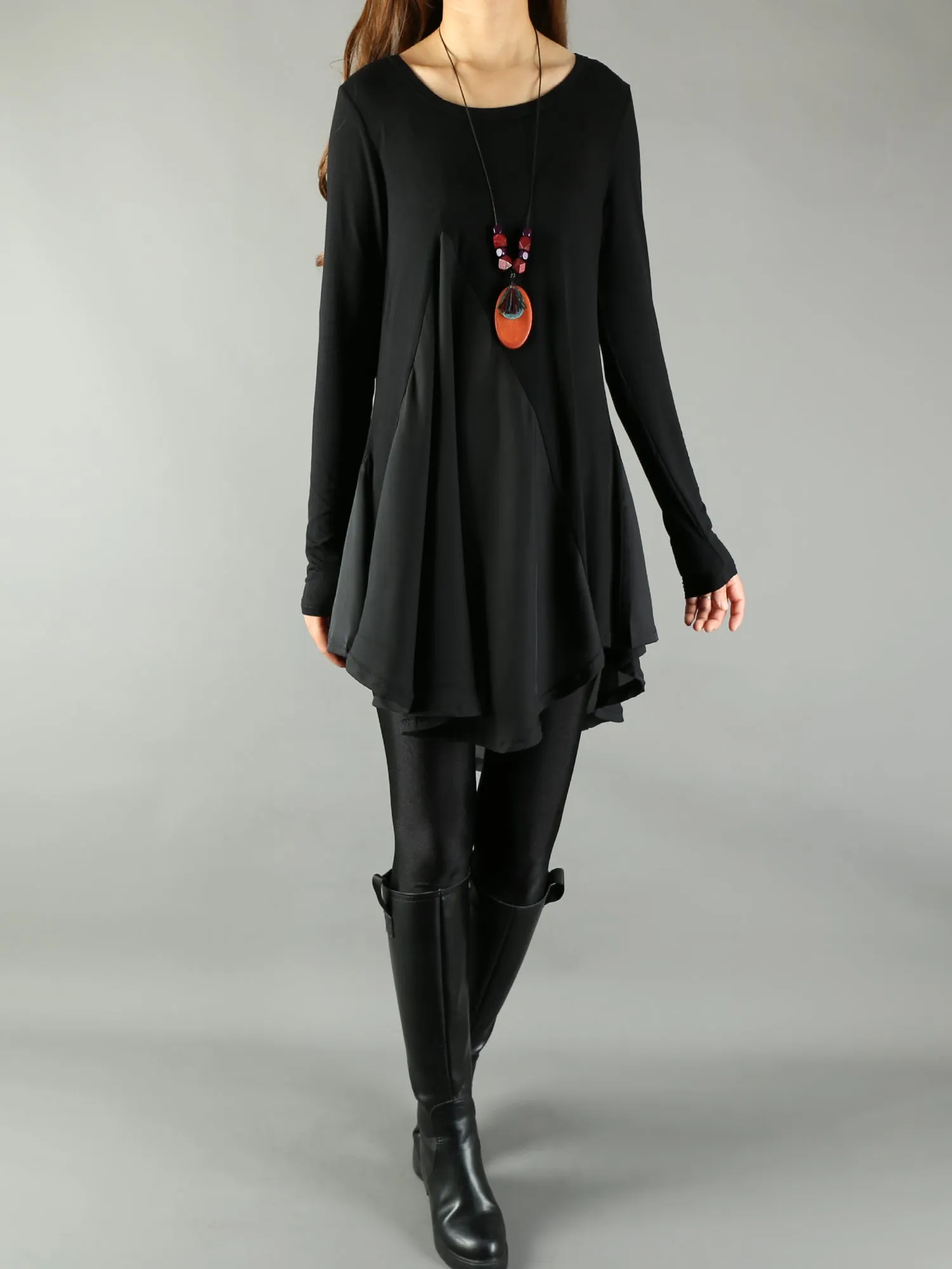 Women's Modal and Chiffon Tunic Dress/Modal Top/Chiffon Tunic for Women/Tunic Tops for Leggings/chiffon dress/modal t-shirt/long sleeve t-shirt(Y1819)