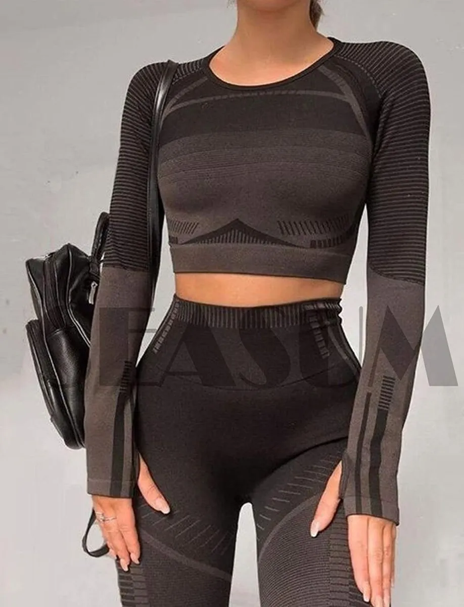 Yoga Gym Crop Top Compression Workout Athletic Short/Long Sleeve Set