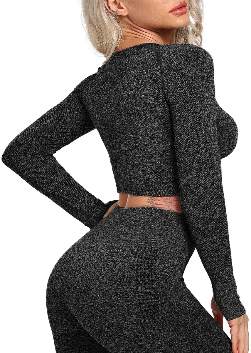 Yoga Gym Crop Top Compression Workout Athletic Short/Long Sleeve Set